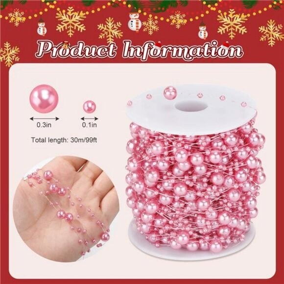 99 Feet Christmas Tree Beads Garland Artificial Pearls Chain Roll(Dark Pink) - Picture 1 of 7